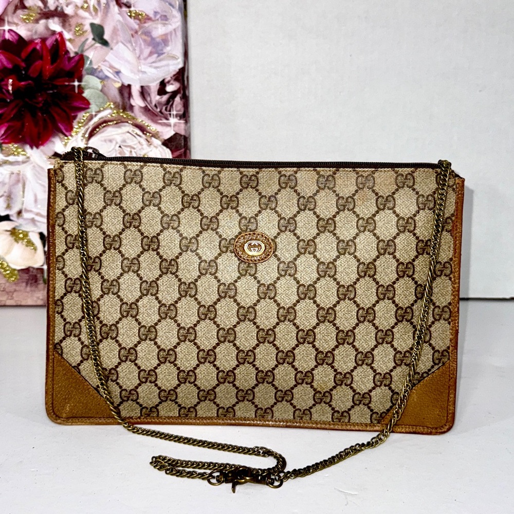 Gucci Beige Brown GG Canvas Chain Shoulder Clutch